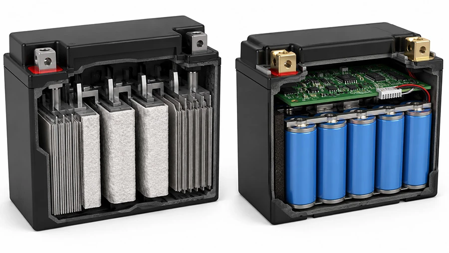 Cutaway view comparing the internal structure of AGM and LiFePO4 motorcycle batteries Cutaway view comparing the internal structure of AGM and LiFePO4 motorcycle batteries