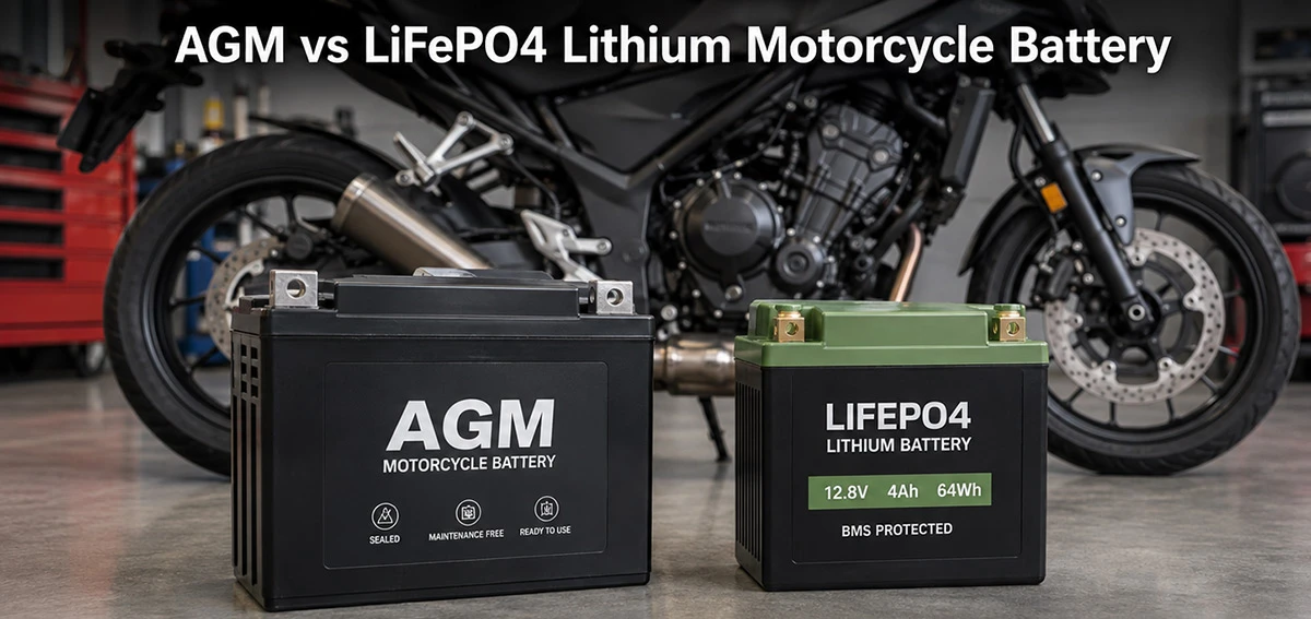 AGM and LiFePO4 motorcycle batteries shown side by side next to a motorcycle AGM and LiFePO4 motorcycle batteries shown side by side next to a motorcycle